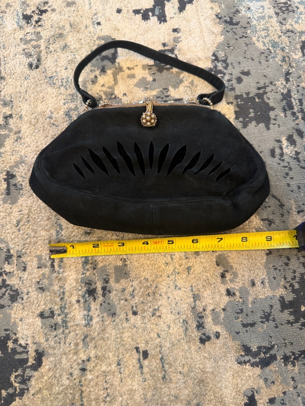 Vintage Black Suede Cutout Top-Handle - Elegant Evening Bag with pearls
